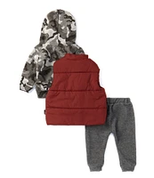 Volcom Baby Boys 12-24 Months Sleeveless Woven Vest, Long Sleeve Camo Printed Logo Fleece Hoodie & Solid Fleece Jogger Pant Set