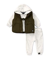 Volcom Baby Boys 12-24 Months Sleeveless Woven Vest, Long Sleeve Camo Printed Logo Fleece Hoodie & Solid Fleece Jogger Pant Set