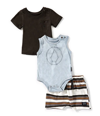 Volcom Baby Boys Newborn-9 Months Graphic Tank Bodysuit, Solid T-Shirt, & Stripe Shorts 3-Piece Set