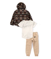 Volcom Little Boys 2T-4T Long Sleeve Patterned Woven Hooded Jacket, Short Sleeve Knit T-Shirt & Fleece Jogger Pant Set