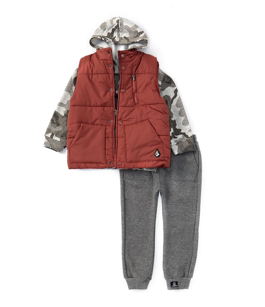 Volcom Little Boys 2T-4T Sleeveless Woven Vest, Long Sleeve Camouflage-Printed Logo Fleece Hoodie & Solid Fleece Jogger Pant Set