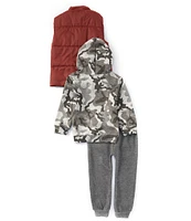 Volcom Little Boys 2T-4T Sleeveless Woven Vest, Long Sleeve Camouflage-Printed Logo Fleece Hoodie & Solid Fleece Jogger Pant Set