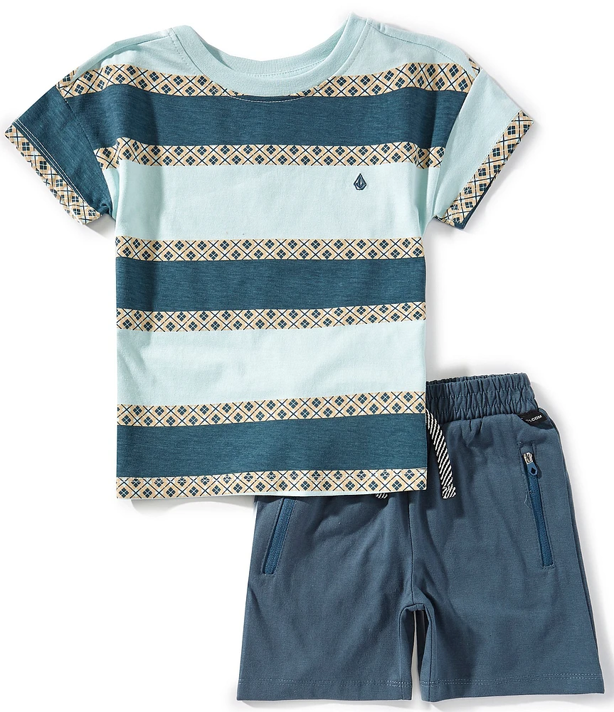 Volcom Little Boys 2T-7 Short Sleeve Stripe Print T-Shirt And Knit Short Set