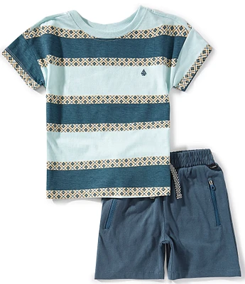 Volcom Little Boys 2T-7 Short Sleeve Stripe Print T-Shirt And Knit Short Set