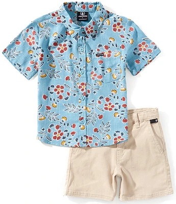 Volcom Little Boys 2T-7 Short Sleeve Woven Shirt & Solid Twill Shorts Set