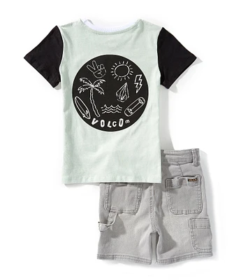 Volcom Little Boys Color Block Knit Graphic T-Shirt & Denim Short Set