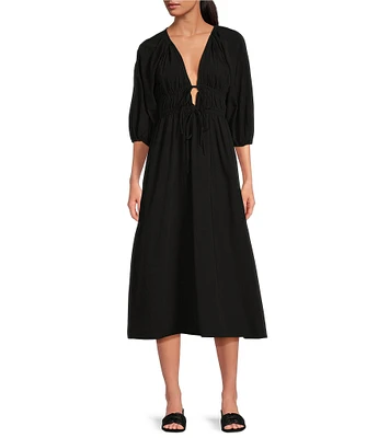 WAYF Angela V Neck Long Sleeve Ruched Midi Dress