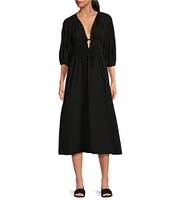 WAYF Angela V-Neck Long Sleeve Ruched Midi Dress