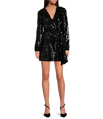 WAYF Flash Sequin V-Neck Long Sleeve Wrap Mini Dress