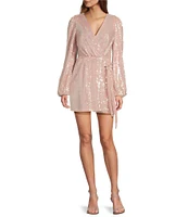 WAYF Flash Sequin V-Neck Long Sleeve Wrap Mini Dress