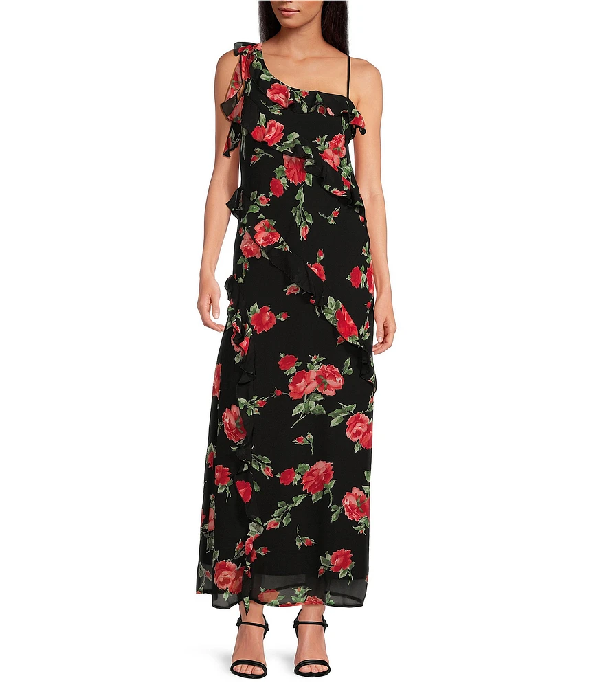 WAYF Floral Draped Ruffle V Neck Sleeveless Maxi Dress