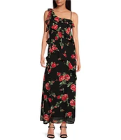 WAYF Floral Draped Ruffle V Neck Sleeveless Maxi Dress