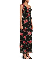 WAYF Floral Draped Ruffle V Neck Sleeveless Maxi Dress