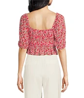 WAYF Floral Ruched Sweetheart Neck Short Sleeve Top