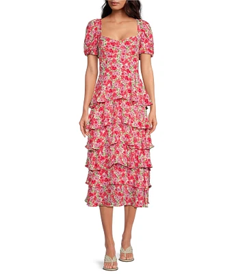 WAYF Floral Sweetheart Neck Short Sleeve Tiered Bustier Midi Dress