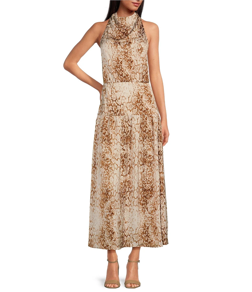 WAYF Karine Snake Print Cowl Neck Sleeveless Halter Tie Midi Dress