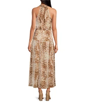 WAYF Karine Snake Print Cowl Neck Sleeveless Halter Tie Midi Dress