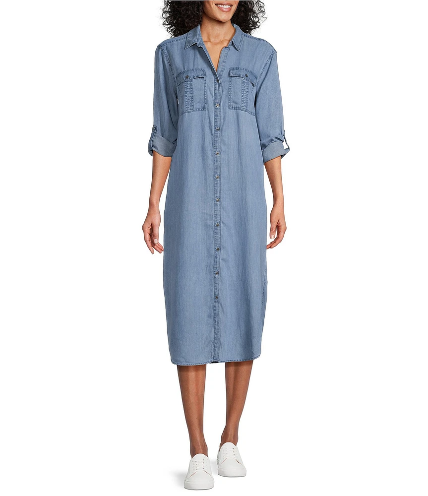 Westbound 3/4 Roll-Tab Sleeve Point Collar Button Front Chambray Midi Shirt Dress