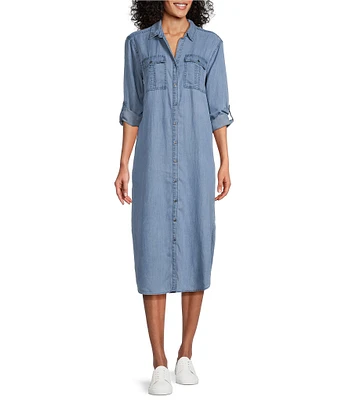 Westbound 3/4 Roll-Tab Sleeve Point Collar Button Front Chambray Midi Shirt Dress