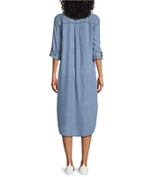 Westbound 3/4 Roll-Tab Sleeve Point Collar Button Front Chambray Midi Shirt Dress