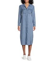 Westbound 3/4 Roll-Tab Sleeve Point Collar Button Front Chambray Midi Shirt Dress