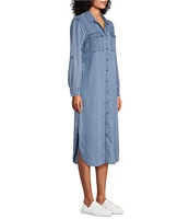 Westbound 3/4 Roll-Tab Sleeve Point Collar Button Front Chambray Midi Shirt Dress