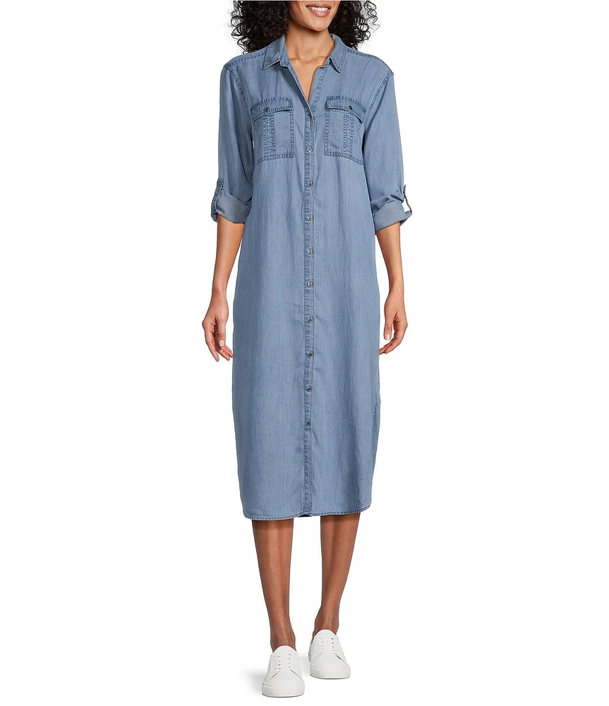 Westbound 3/4 Roll-Tab Sleeve Point Collar Button Front Chambray Midi Shirt Dress