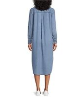 Westbound 3/4 Roll-Tab Sleeve Point Collar Button Front Chambray Midi Shirt Dress