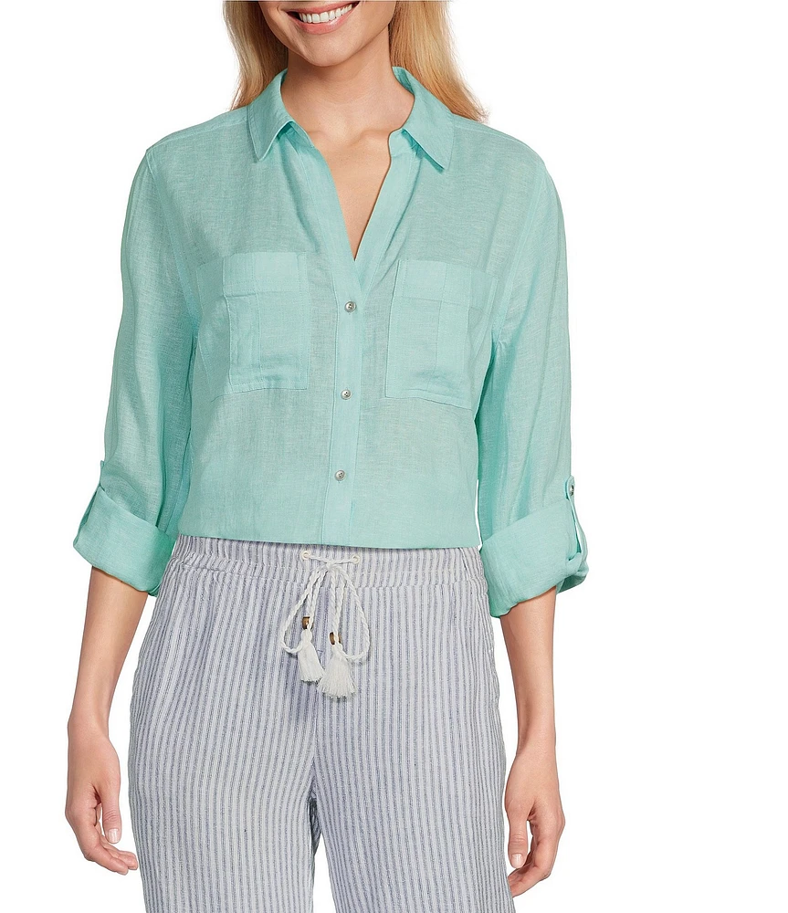 Westbound 3/4 Roll-Tab Sleeve Point Collar Y-Neck Button Front Shirt