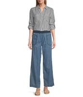Westbound 3/4 Roll-Tab Sleeve Point Collar Y-Neck Button Front Top