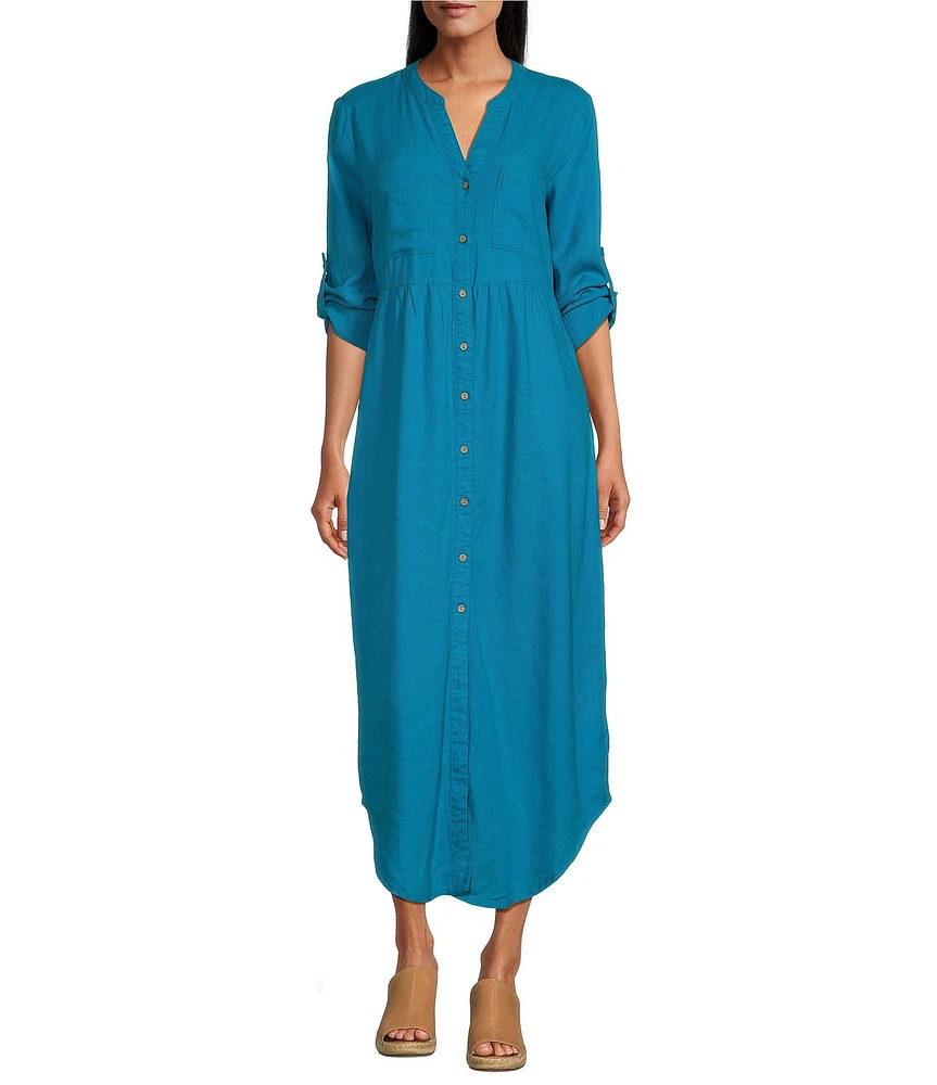 Westbound 3/4 Rolled Sleeve Y-Neck Button Front Maxi Shirt Dress