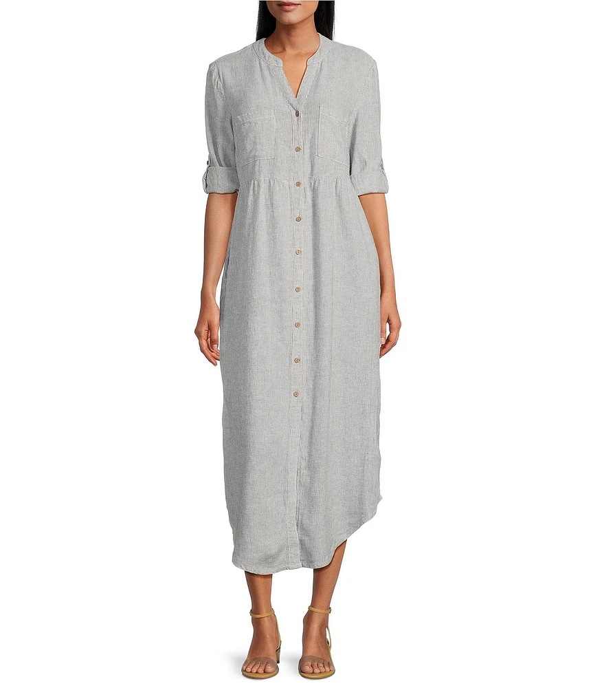 Westbound Stripe 3/4 Rolled Sleeve Y-Neck Button-Front Maxi Shirt Dress