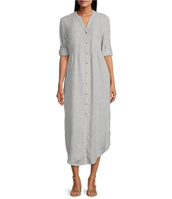 Westbound Stripe 3/4 Rolled Sleeve Y-Neck Button-Front Maxi Shirt Dress