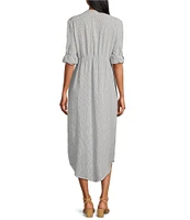 Westbound Stripe 3/4 Rolled Sleeve Y-Neck Button-Front Maxi Shirt Dress