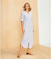 Westbound Stripe 3/4 Rolled Sleeve Y-Neck Button-Front Maxi Shirt Dress