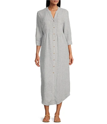 Westbound Stripe 3/4 Rolled Sleeve Y-Neck Button-Front Maxi Shirt Dress