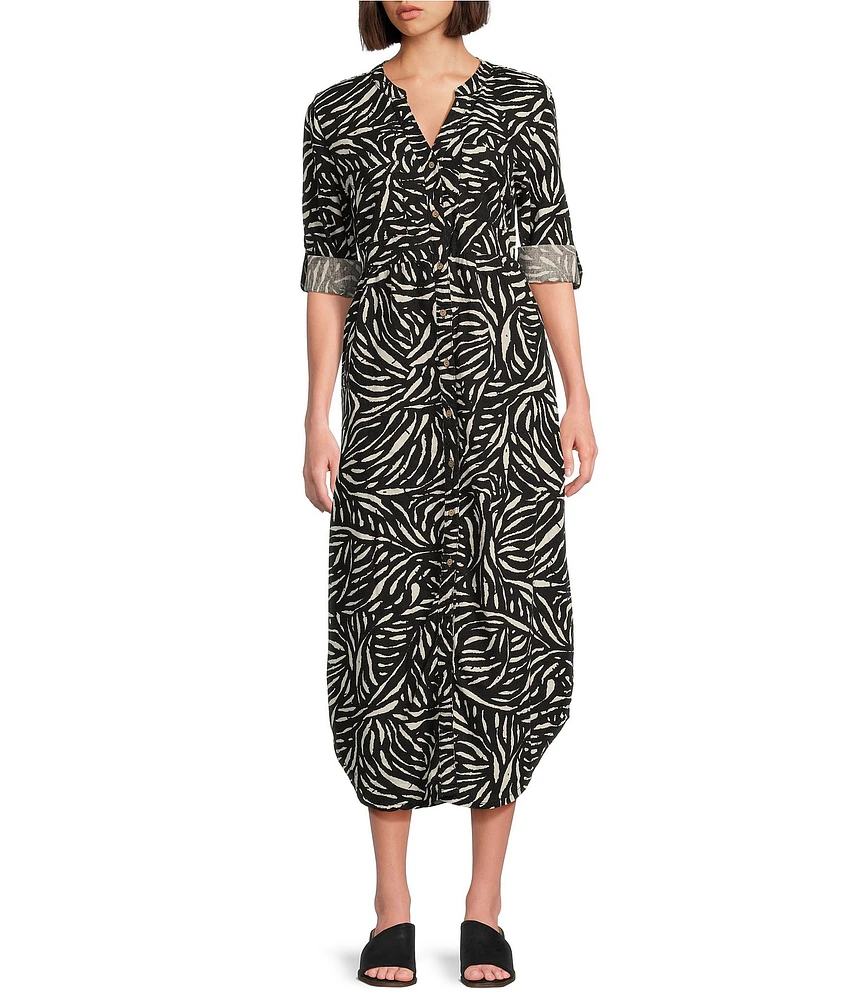 Westbound Printed 3/4 Rolled Sleeve Y-Neck Button Front Midi Shirt Dress