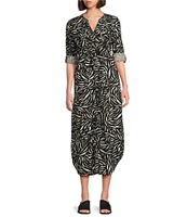 Westbound Printed 3/4 Rolled Sleeve Y-Neck Button Front Midi Shirt Dress