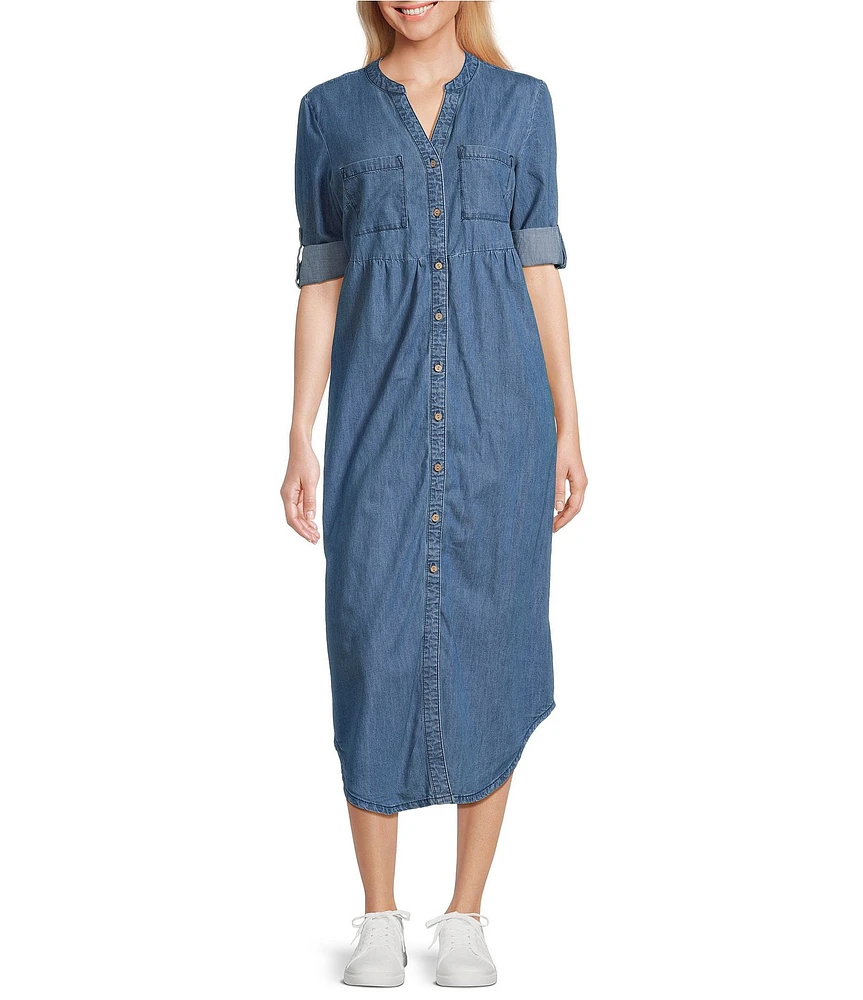 Westbound 3/4 Rolled Sleeve Y-Neck Button Front Midi Shirt Dress