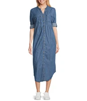 Westbound 3/4 Rolled Sleeve Y-Neck Button Front Midi Shirt Dress