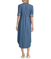 Westbound 3/4 Rolled Sleeve Y-Neck Button Front Midi Shirt Dress