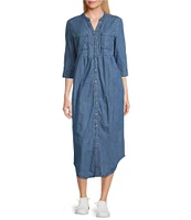 Westbound 3/4 Rolled Sleeve Y-Neck Button Front Midi Shirt Dress