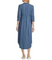 Westbound 3/4 Rolled Sleeve Y-Neck Button Front Midi Shirt Dress