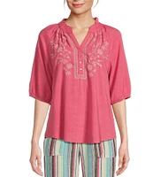 Westbound 3/4 Sleeve Ruffle V-Neck Embroidered Yoke Button Front Top