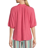 Westbound 3/4 Sleeve Ruffle V-Neck Embroidered Yoke Button Front Top