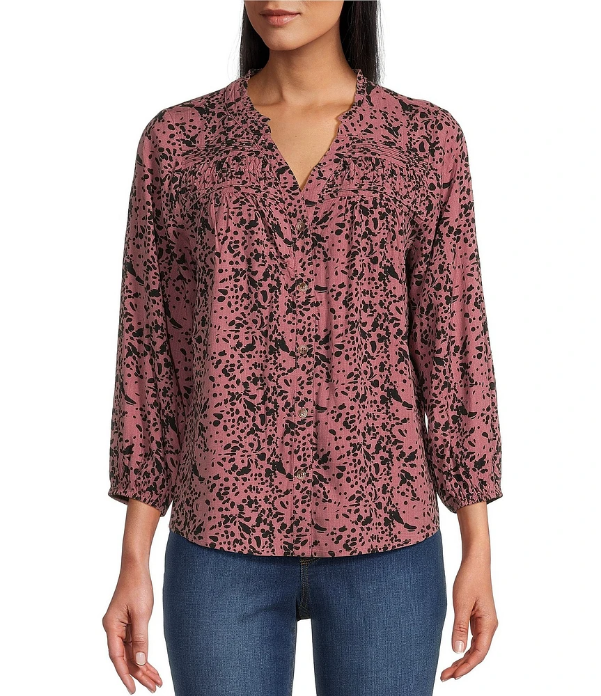 Westbound 3/4 Sleeve Y-Neck Animal Print Button Front Top