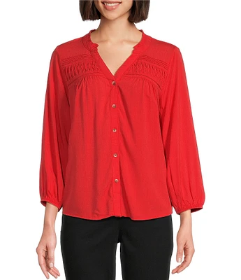 Westbound 3/4 Sleeve Y-Neck Button Front Top