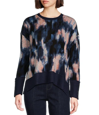 Westbound Abstract Print Long Sleeve Crew Neck Button Cuff Top