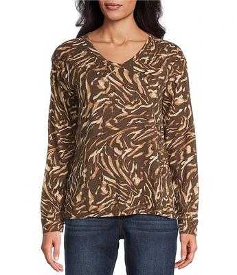 Westbound Animal Print Knit Long Sleeve V-Neck Top