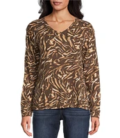 Westbound Animal Print Knit Long Sleeve V-Neck Top